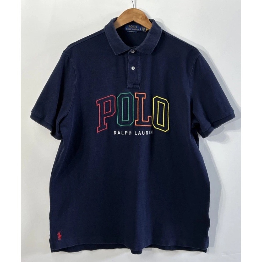 Polo Ralph Lauren Shirt Mens Large Navy Blue Embroidered Spell Out Classic Fit